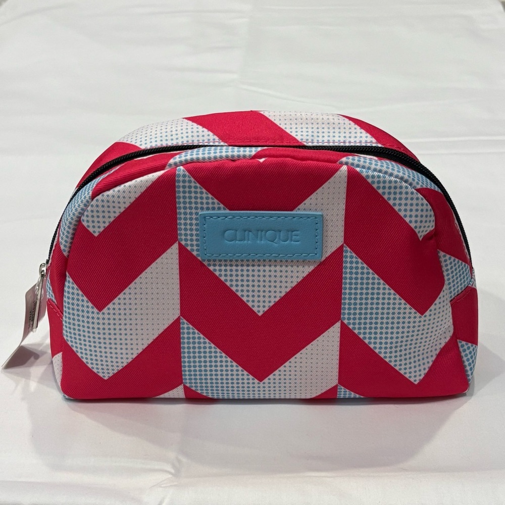 Clinique Pink White Blue Chevron Cosmetic Zipper Makeup Bag New